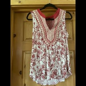 Anthropologie red and white top with embroidery. Size L.